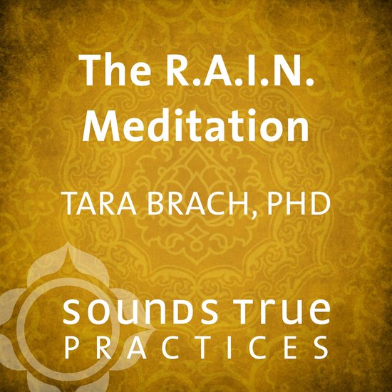 Boekomslag met de titel "The R.A.I.N. Meditation" en "Tara Brach, PhD".