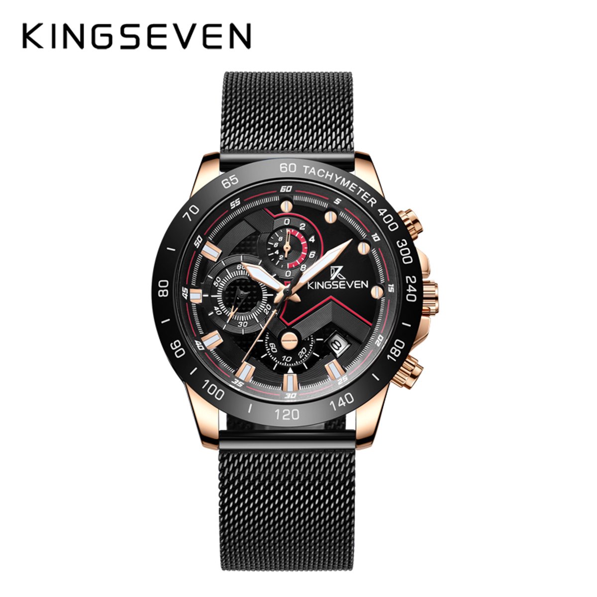 KINGSEVEN Herenhorloge - Zwart - Milanese Band - Quartz - Chronograaf - Waterbestendig - Luxe Modern Design