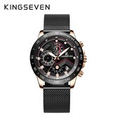 KINGSEVEN polshorloge met zwarte milanese band, ronde wijzerplaat met gouden details, chronograaf, datum en uren display.