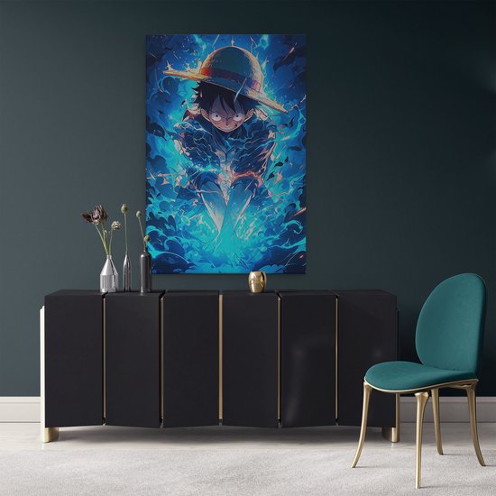 Tableau Artaza Monkey D. Luffy en Gear 5 - Entouré d'Énergie Bleue et de Flammes - 80x120 cm - Grand - Décoration Murale Salon - Tableaux - Décoration Murale