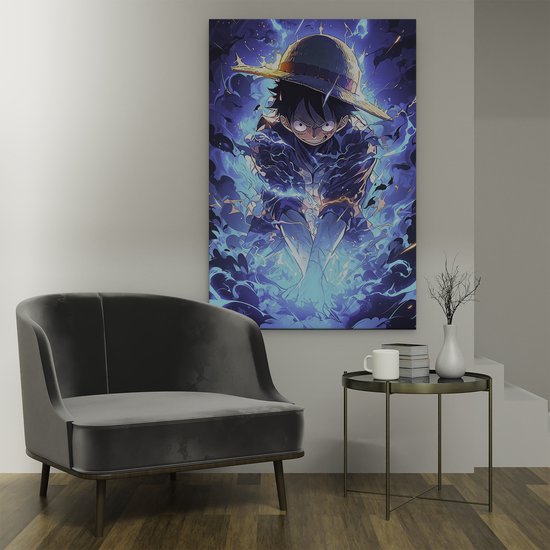 Tableau Artaza Monkey D. Luffy en Gear 5 - Entouré d'Énergie Bleue et de Flammes - 80x120 cm - Grand - Décoration Murale Salon - Tableaux - Décoration Murale
