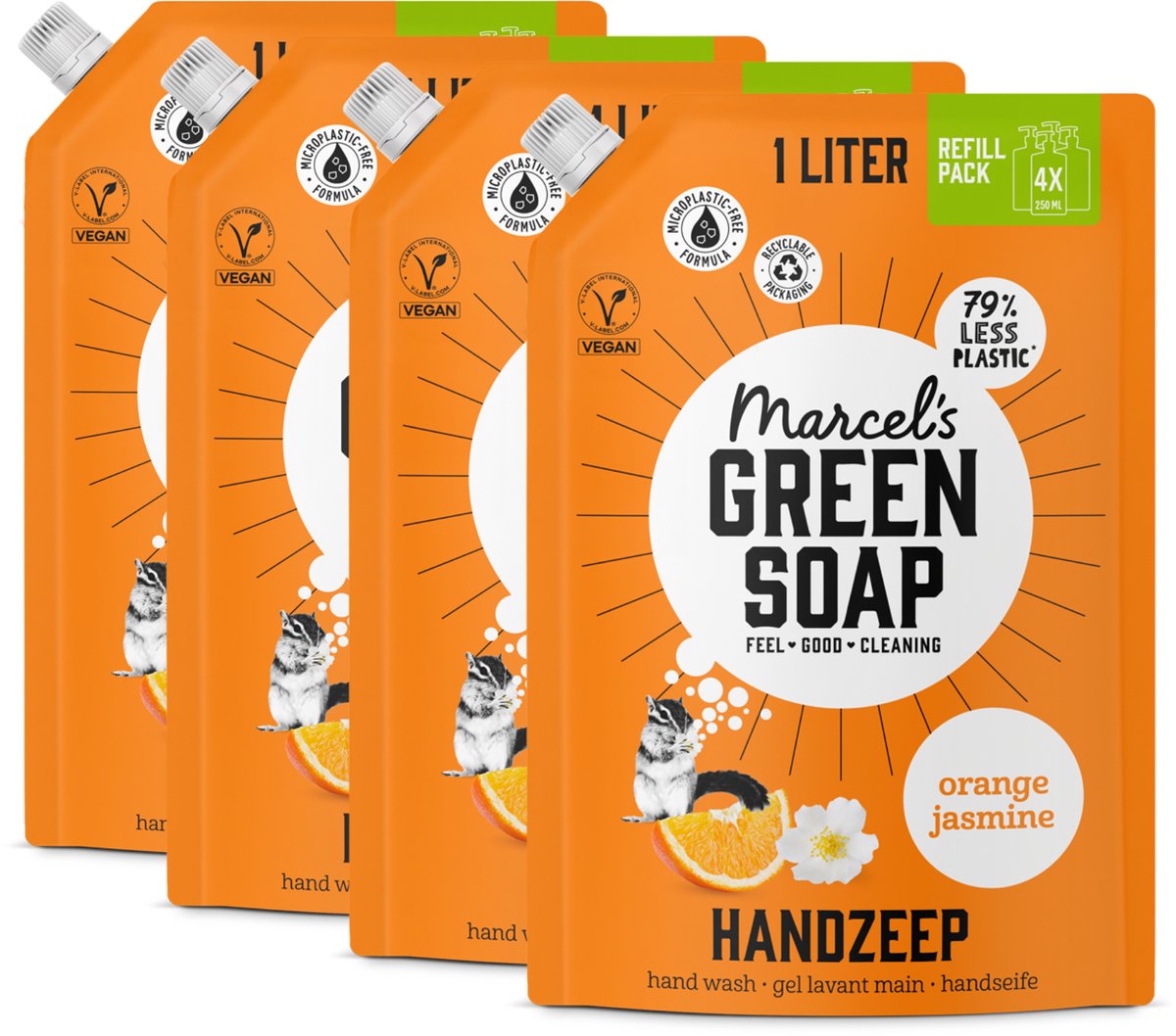 Marcel's Green Soap Handzeep Navulling - Grootverpakking - Sinaasappel & Jasmijn - 4 x 1L
