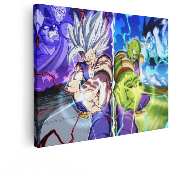 Canvas met Gohan en Piccolo die elkaar aankijken, met paarse en blauwe energie-effecten.