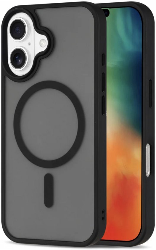 Coque de téléphone noire avec un dos gris translucide, cercle magnétique et écran.