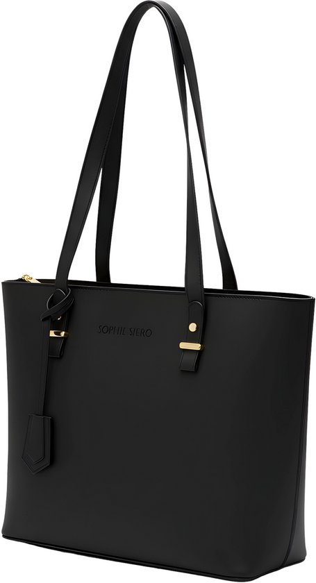 Zwarte shopper tas van Sophie Siero met goudkleurige details en een ritssluiting.