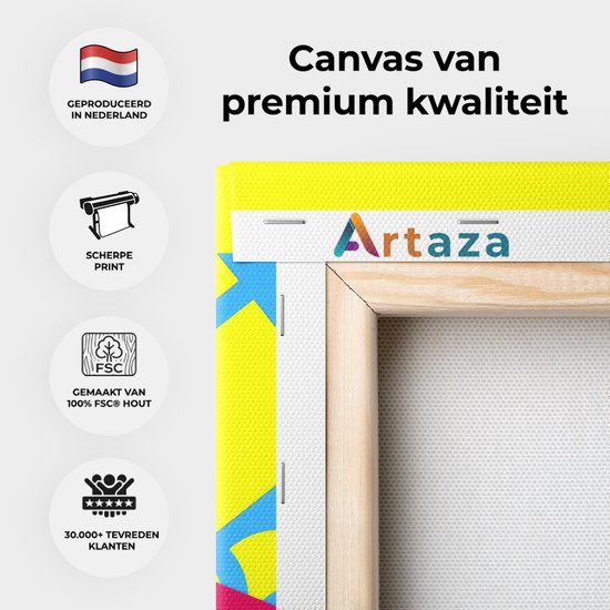 Close-up van de zijkant van een canvas schilderij met anime figuur, met productinformatie.