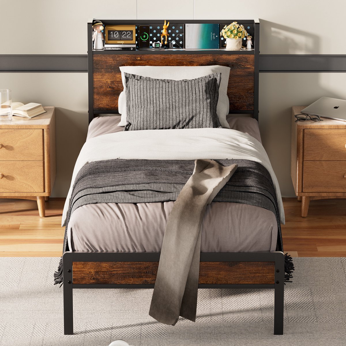 KUTAS Metalen Bed 90x200 cm - Eenpersoonsbed - Bedframe Met LED-verlichting en USB-oplaadstation - Metalen Bed Met Metalen Frame - Zonder matras - Bedframe Met Opbergruimte Onder de Matras