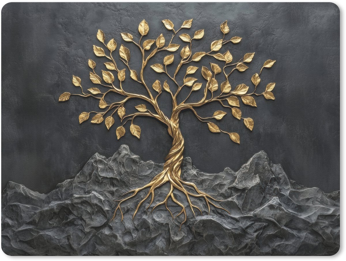 Muismat 23x19 cm - Mousepad Bladeren - Goud - Boom - Rots - Muismatten