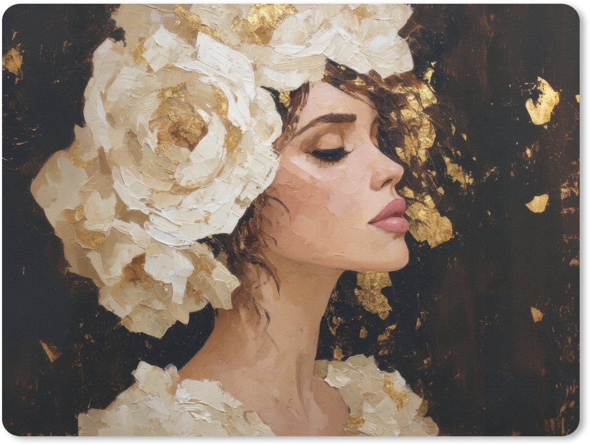 Muismat 23x19 cm - Mousepad Abstract - Vrouw - Bloemen - Wit - Muismatten