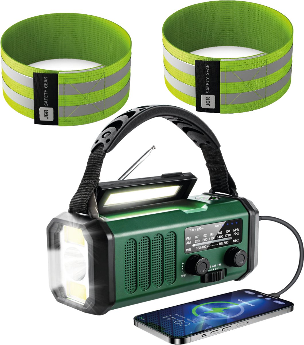 Noodradio 2026 – Solar + Handslinger + 10.000 mAh Powerbank + AM/FM + Krachtige LED Zaklamp SOS + 2 Reflecterende Armbanden – Altijd Voorbereid & Extra Zichtbaar!
