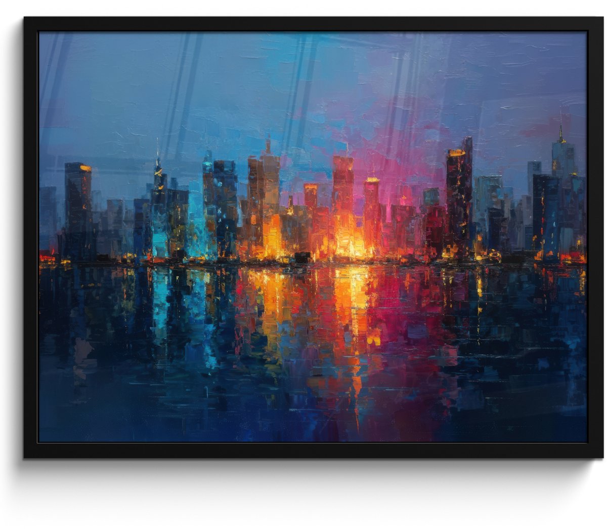 FrameYourWall Poster in lijst - Fotolijst 80x60 cm - Posters - Skyline - Penseelstreken - Donkerblauw - Lichtgevend - Posterlijst zwart - Decoratie - Wanddecoratie woonkamer - Muurdecoratie slaapkamer