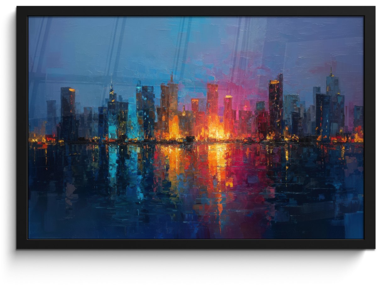 FrameYourWall Poster in lijst - Fotolijst 60x40 cm - Posters - Skyline - Penseelstreken - Donkerblauw - Lichtgevend - Posterlijst zwart - Decoratie - Wanddecoratie woonkamer - Muurdecoratie slaapkamer