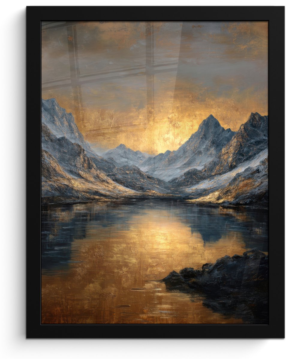 FrameYourWall Poster in lijst - Fotolijst 30x40 cm - Posters - Berglandschap met Gouden Zonsondergang - Posterlijst zwart - Decoratie - Wanddecoratie woonkamer - Muurdecoratie slaapkamer Bergen - Zonsondergang - Meer