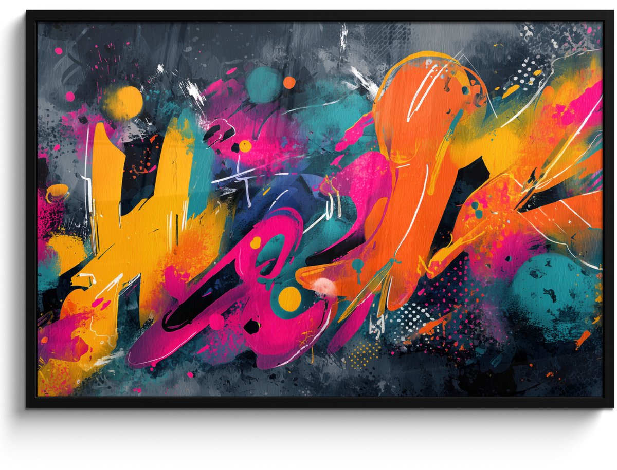 FrameYourWall Poster in lijst - Fotolijst 120x80 cm - Posters - Abstract - Graffiti - Kleurrijk - Verfspatten - Posterlijst zwart - Decoratie - Wanddecoratie woonkamer - Muurdecoratie slaapkamer