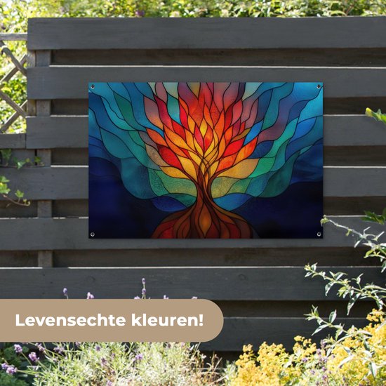 Tuinposter 120x80 cm - Tuindecoratie Sierglas - Boom - Rood - Vlakken - Poster voor in de tuin - Buiten decoratie - Schutting tuinschilderij - Tuindoek muurdecoratie - Wanddecoratie balkondoek