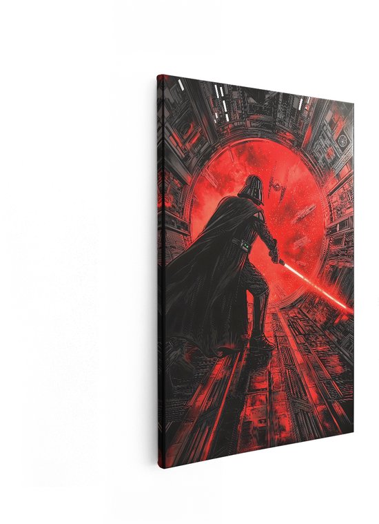 Darth Vader met rode lichtzwaard voor rode Death Star, rood en zwart.