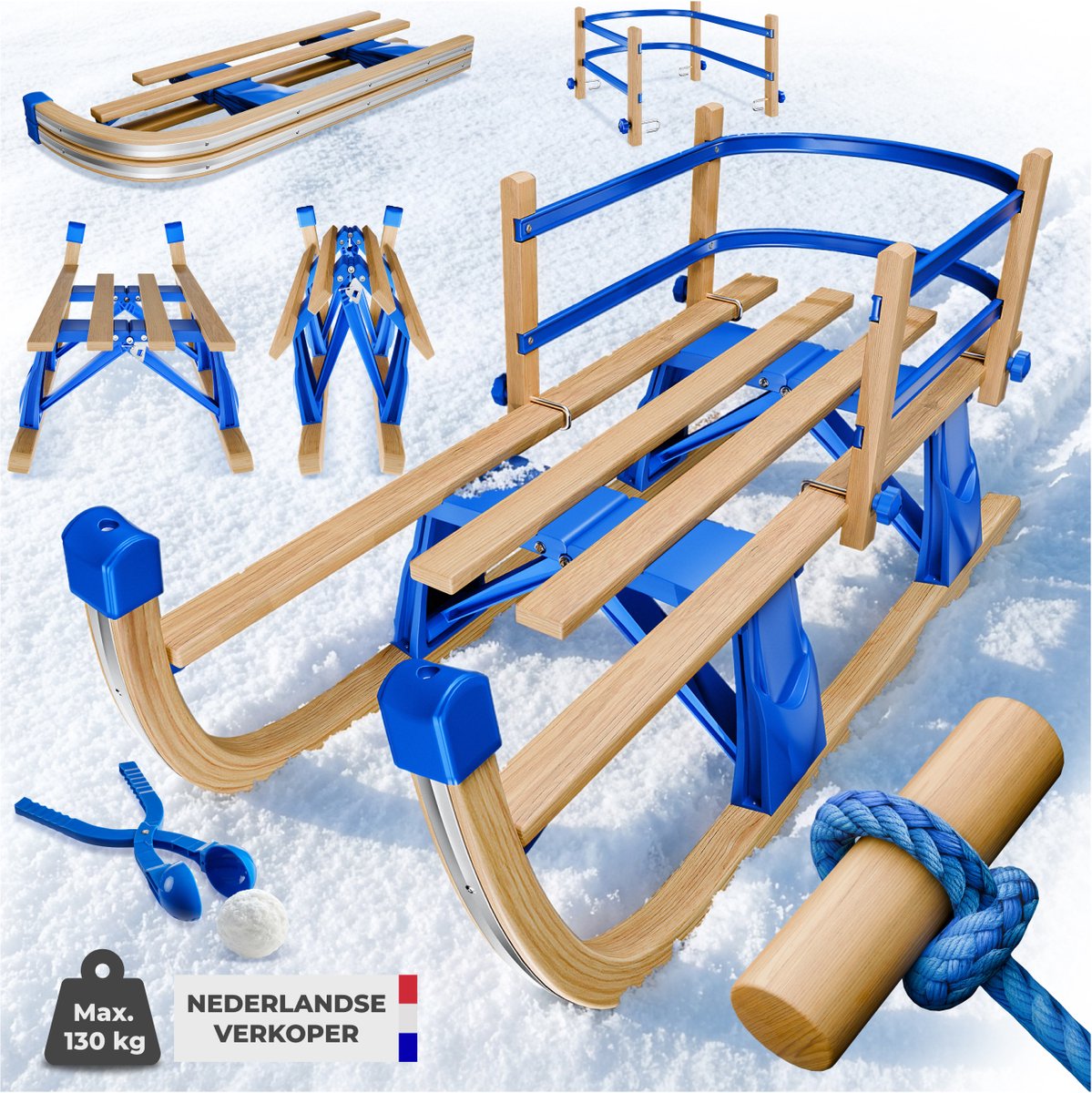 Luge en bois - SPRINGOS ® - Modèle avec dossier - Corde à tirer - 89x34x22 cm