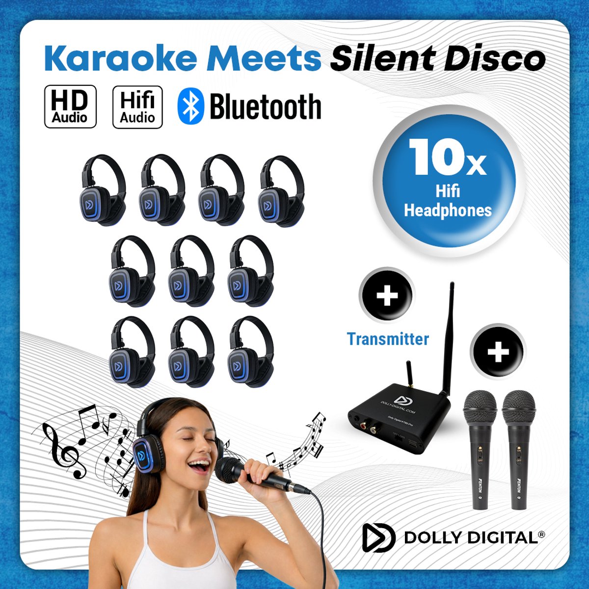 10x DOLLY DIGITAL© HD-AUDIO Bluetooth FD Silent Disco set | 10 Karaoke & Silent Disco headsets Bluetooth