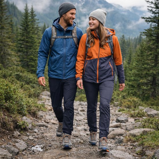 Man en vrouw in outdoor kleding wandelen op een bosrijk pad, man draagt blauwe jas, vrouw oranje jas.