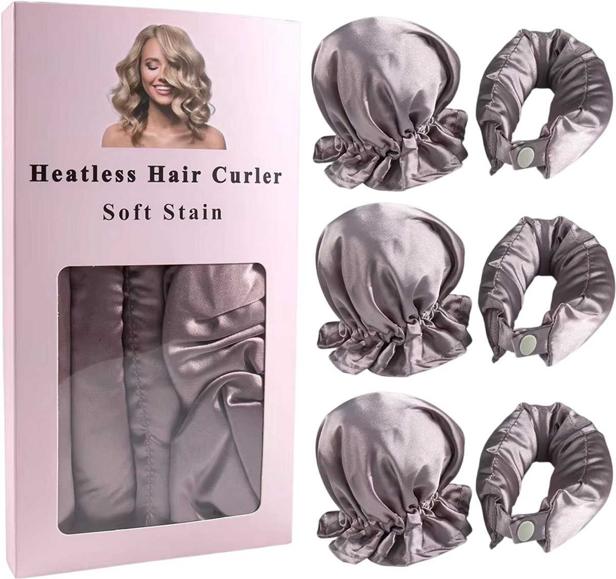 Hittevrije Krulband van Satijn – 3-delige Curling Rod voor Krullen zonder Hitte – Overnight Haar Kruller - PAARS