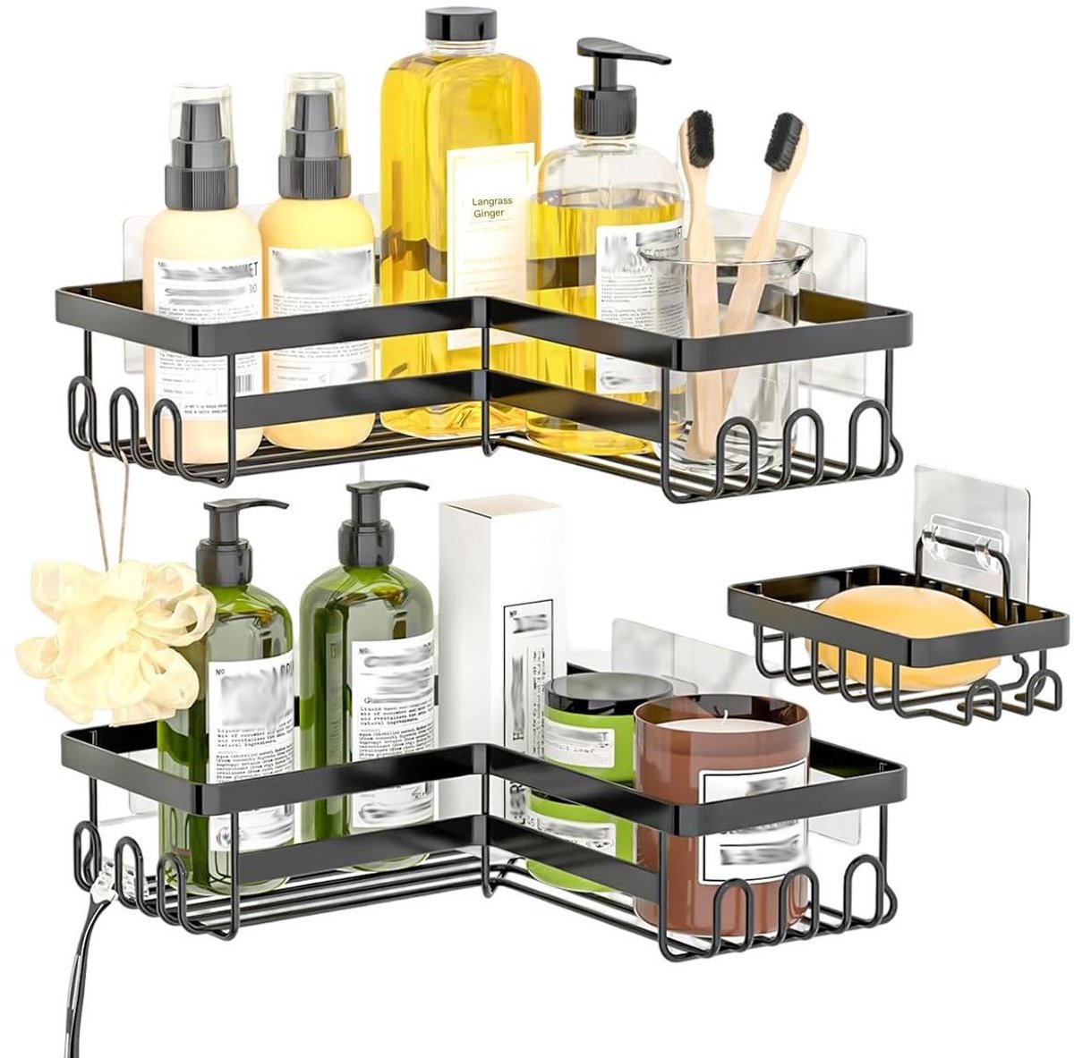 GELLDG Badkamerplank met zeepbakje - Geen boren nodig voor doucheplank - Roestbestendig badkameraccessoire - Douche-organizer met haken - Onmisbaar voor badkamer en keuken - Zwart - Set van 3 stuks