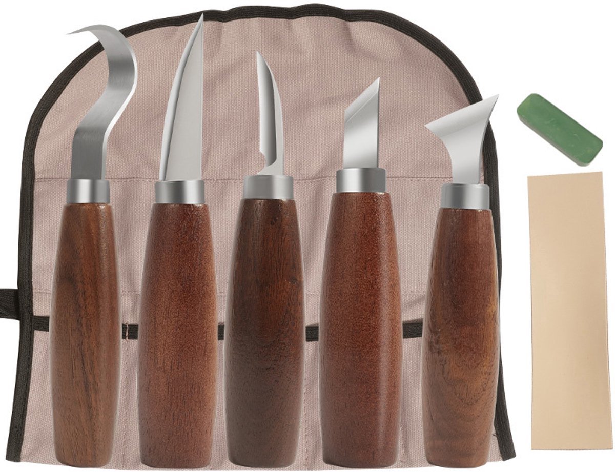 8-delige houtsnijmessenset - Beitelgereedschapset - Perfect voor beginners, houtsnijders en houtbewerkers - Met massief houten handvat - Draagbare opbergtas - Met slijpgereedschap - Zilver, natuurlijke houtkleur