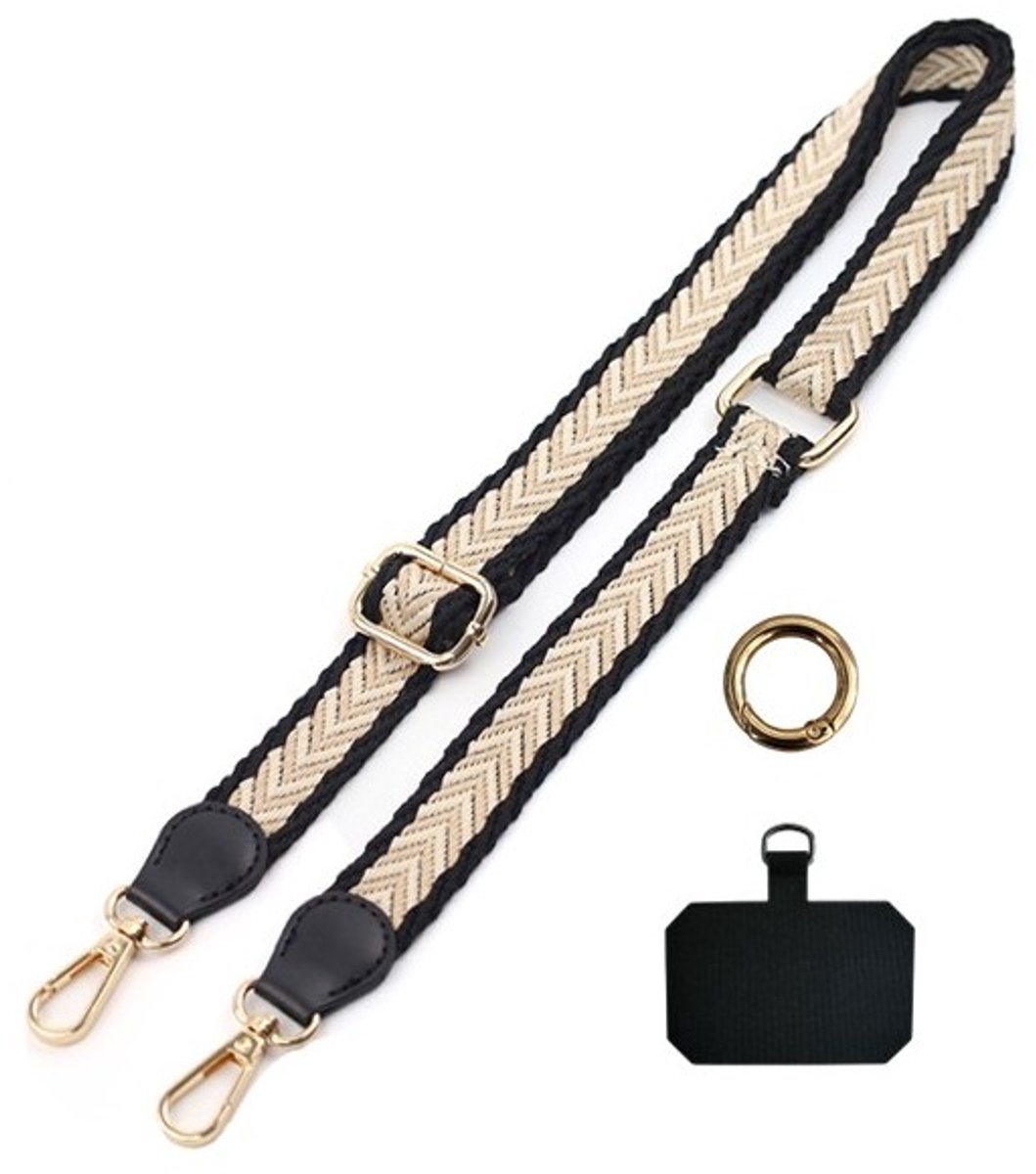 Mj Joys® - Telefoon koord - Telefoonkoord Crossbody - Crossbody Lanyard - Telefoonketting - Telefoon Nekkoord - Telefoonkoord Universeel - Phone cord - Telefoonkoorden – Telefoonkoord - Verstelbaar tot 135 cm - Zwart Beige