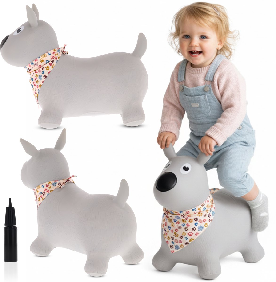 sun baby - Springdier met pomp vanaaf 1 jaar - Hond - grijs met sjaal - max 50kg, duurzaam rubber, gecertificeerd, bpa-vrij, springpaard, springhond