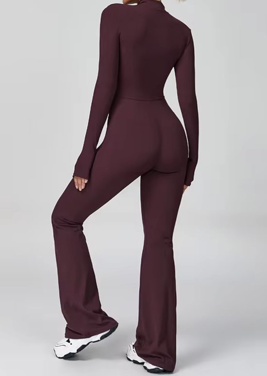 Volt Zip Flare Jumpsuit - Maat XL - Burgundy - Ribbed Stretch Jumpsuit met Ritssluiting - Comfortabele Flare Fit - Bordeaux Rood - Seamless - Dames — afbeelding 5