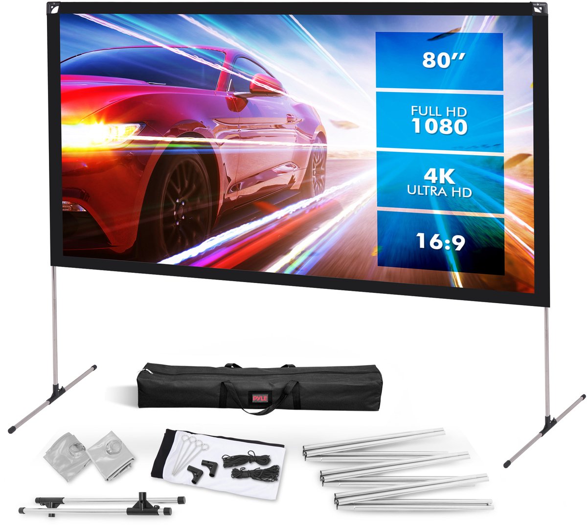 Pyle Projectiescherm met Standaard - 80 inch 16:9 HD - Draagbaar Lichtgewicht Vouwbaar Staand Buiten- en Binnenbioscoop Scherm met Frame