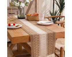 Tafelloper van katoen en linnen - jute tafelloper - met kwastjes - voor restauranttafeldecoratie , familiefeest , bruiloft , kerstmis - bohemian - neutraal Boheems tafelkleed - wit en kaki - 30 x 240 cm