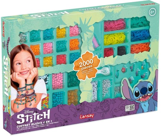Stitch juwelenkoffer met elastiekjes, bedeltjes en kralen in diverse kleuren.