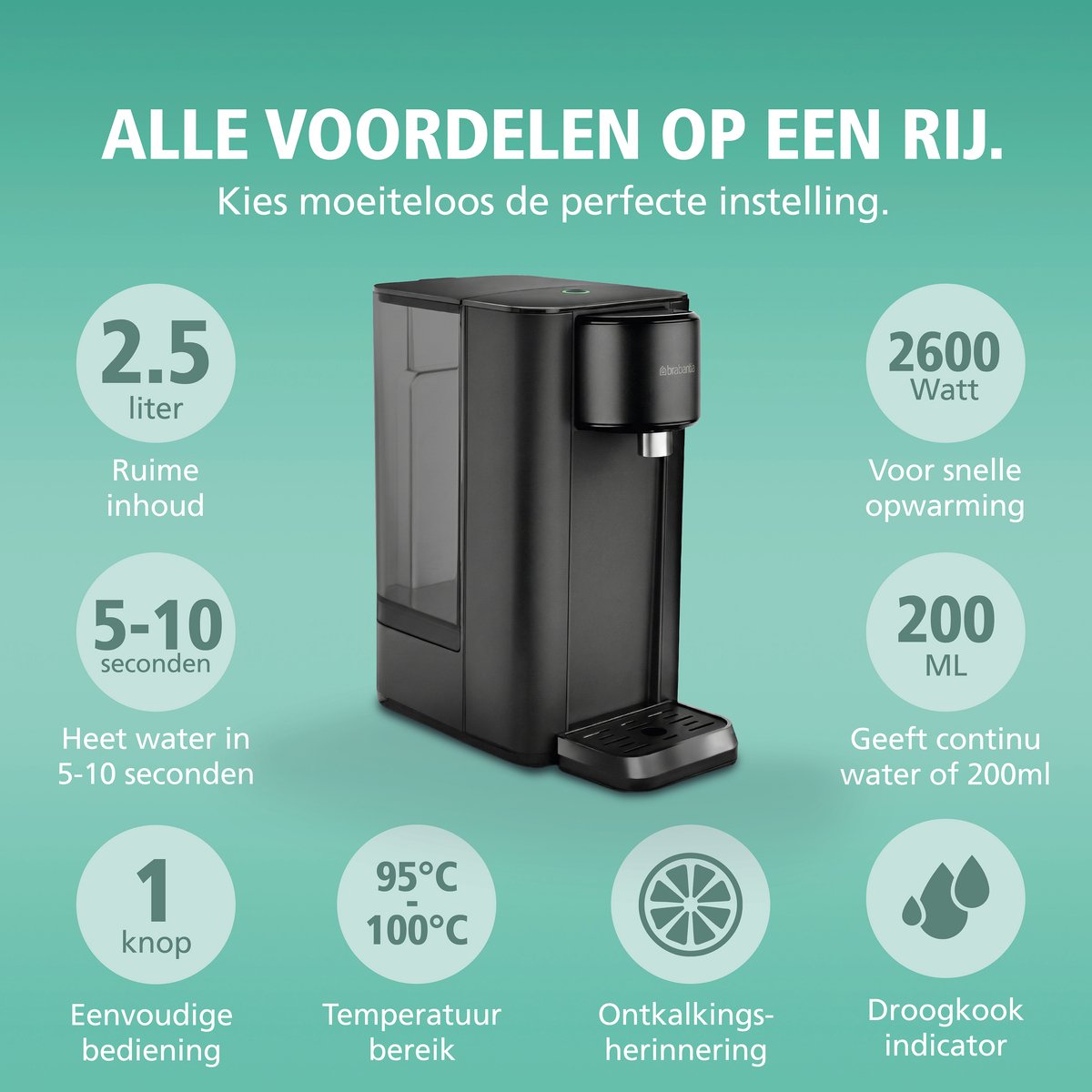 Brabantia Heetwaterdispenser - 2.5 Liter Reservoir - 100℃ - Afneembare Watertank - Instant Waterkoker - Zwart - BBEK1103 — afbeelding 2