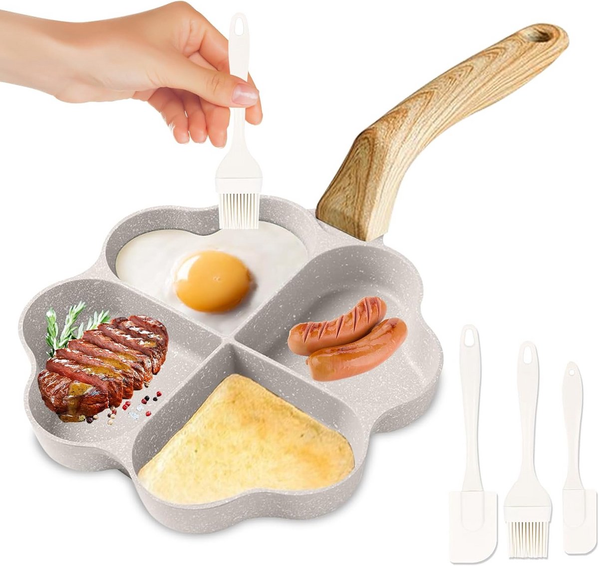 Pannenkoekenpan 4-HoI: Non-Stick Hartvormige Ei Bakvorm met Houten Handvat en Spatels