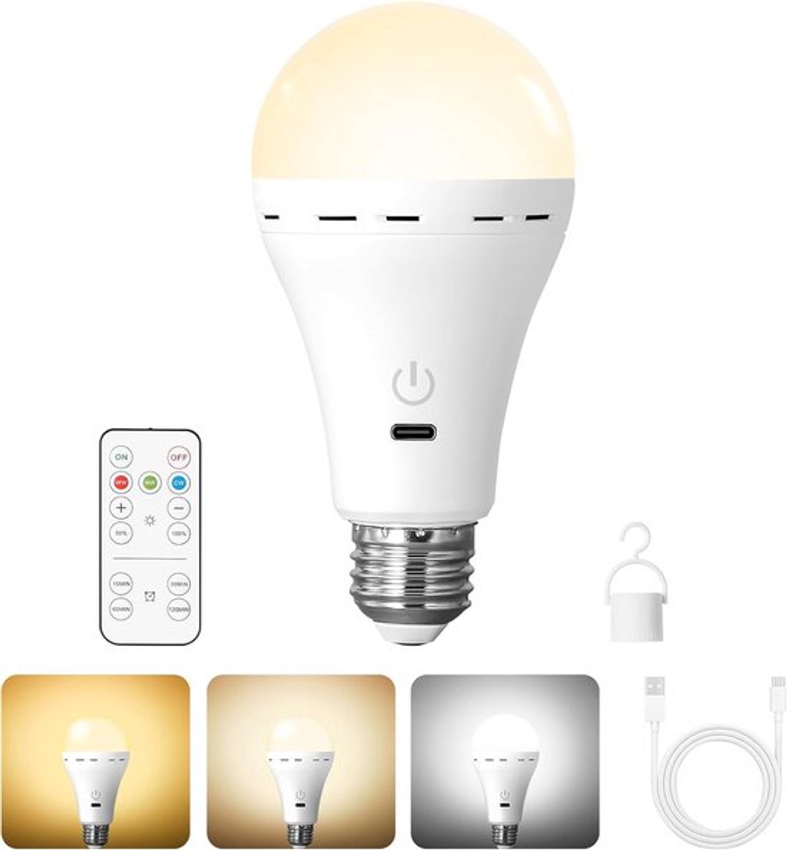 1 stuks E27 LED-lamp - Oplaadbare batterij met afstandsbediening - Dimbare lamp met timerfunctie, 3 kleurtemperaturen
