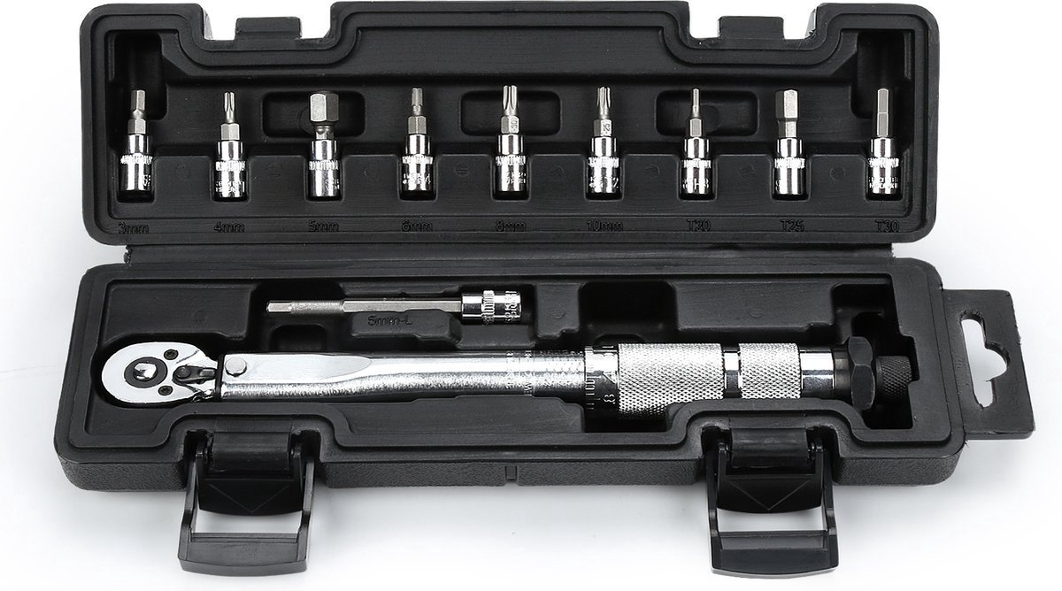 1/4 Draaimomentsleutel set 5-25 Nm - 11 delige fietsgereedschap set - met Inbus en Torx doppen bitset - Fiets TorqueSet - inclusief kunststof opbergkoffer