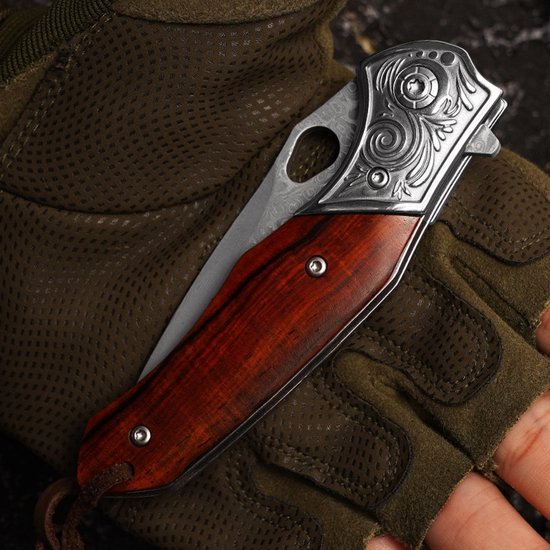 Couteau de poche Damas avec housse en cuir - Acier Damas - Survie - Couteau Plein air - Couteau de poche - Couteaux de poche - Couteaux de poche - Manche en bois - Robuste - Couteau de camping - Couteau de chasse - Camping - 18cm - Astuce cadeau