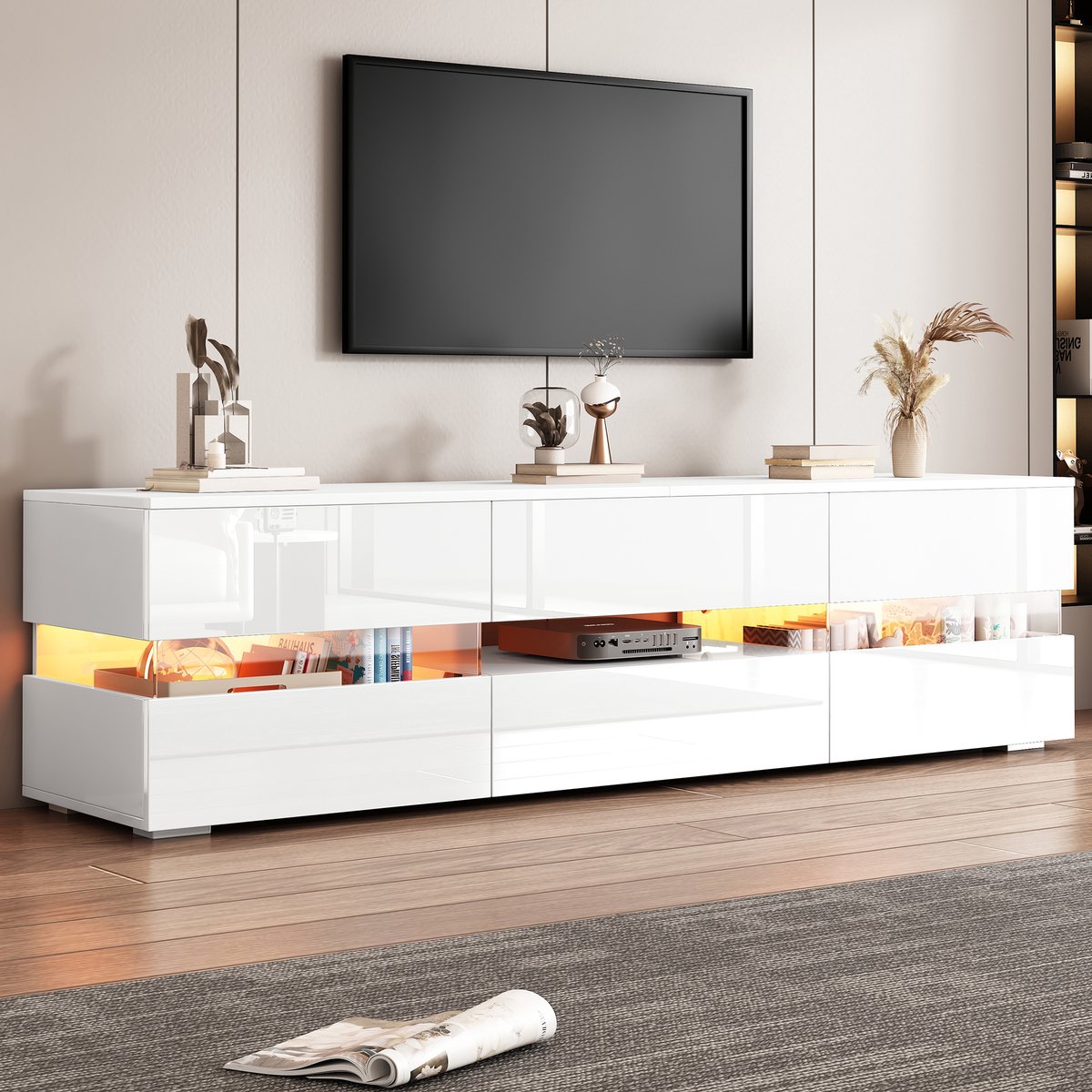 Wishdor Tv-Meubel - Hoogglans Front - Met Led-Verlichting - Drukopensysteem - Met 2 Deuren En 1 Lade - Spaanplaat - Wit - 160 X 39 X 45 Cm