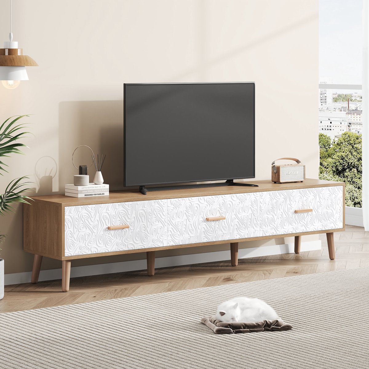 Wishdor Tv-Meubel Laag - 3 Lades - Retro Witte Structuurdeur - Spaanplaat - Wit En Licht H