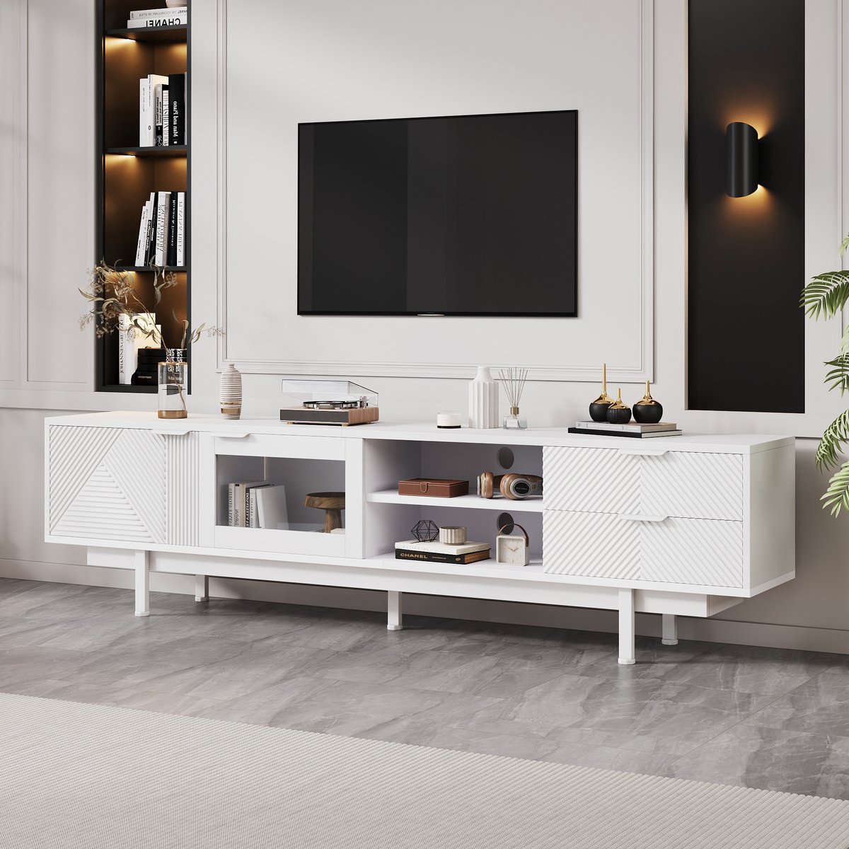 Wishdor Tv-Meubel - 2 Deuren En 2 Lades - 3-Laags Opbergontwerp - Spaanplaat En Gehard Glas - Wit - 200 X 40 X 50,5 Cm