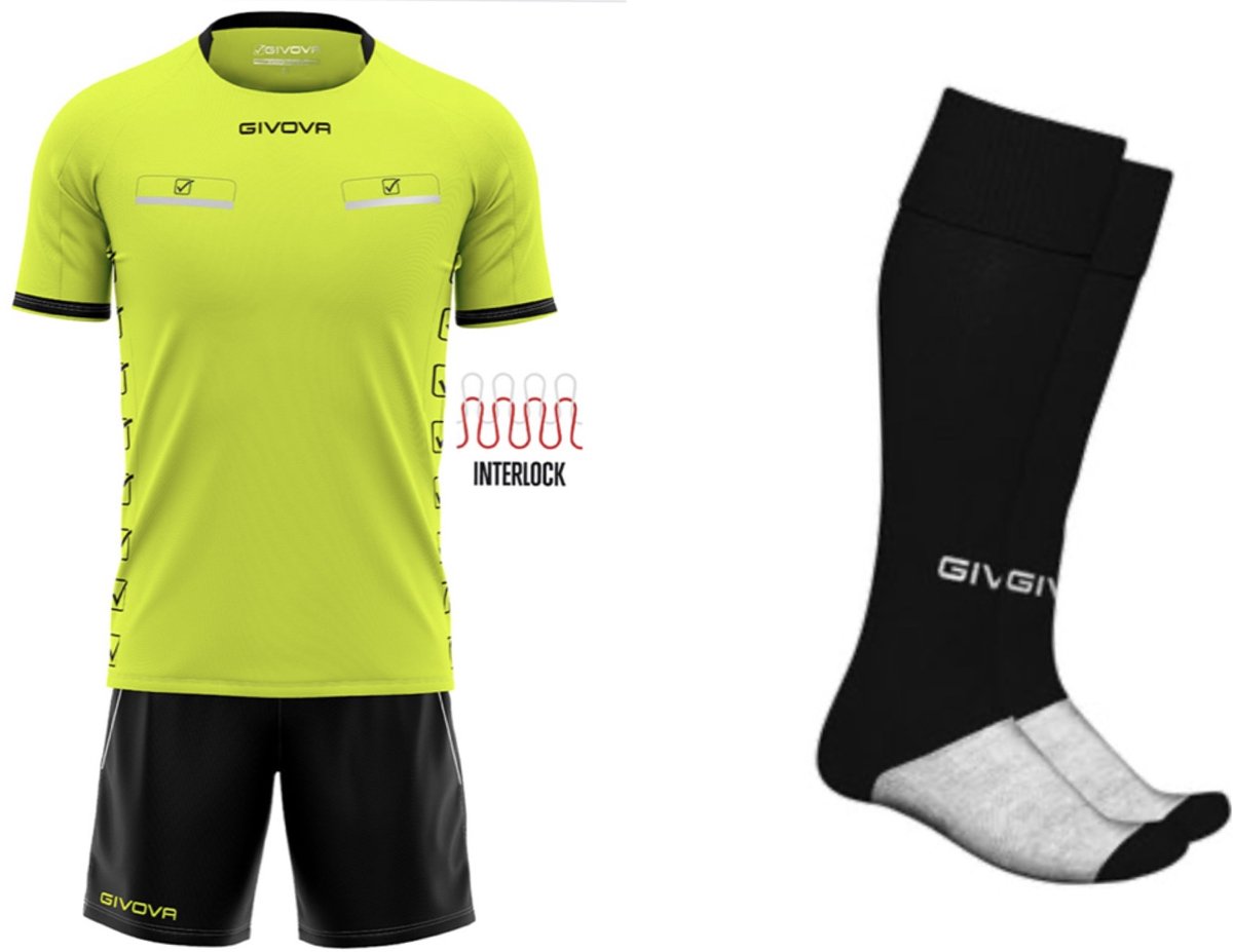 Scheidsrechters tenue compleet met sokken, GIVOVA KIT REFEREE , Fluo Geel/Zwart, maat M