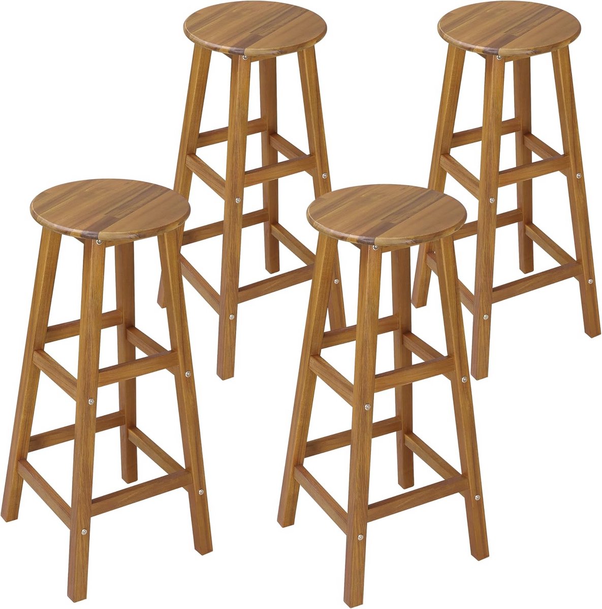 Set van 4 Houten Barkrukken Acacia Massief 75cm Zithoogte Voor Binnen en Buiten