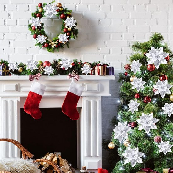 YYCRAFT Glitter Poinsettia Bloemen 6 Inch voor kerstboomversieringen Kerstdecoraties-12 stuks, Paars
