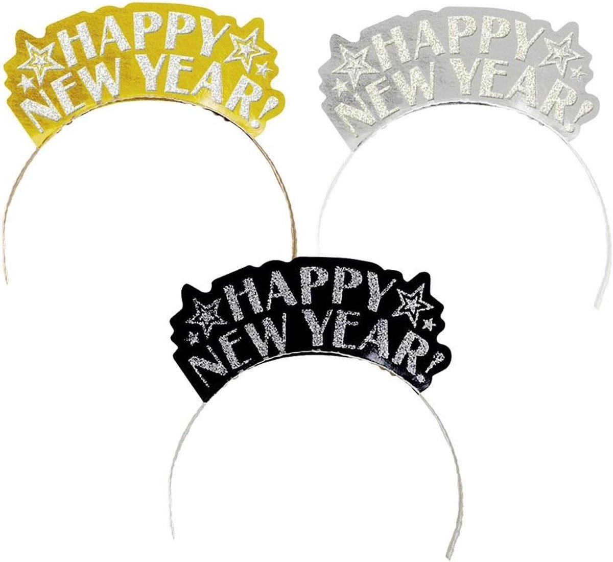 12 Tiaras Happy New Year Glitter Black Silver Gold 19 x 13 cm