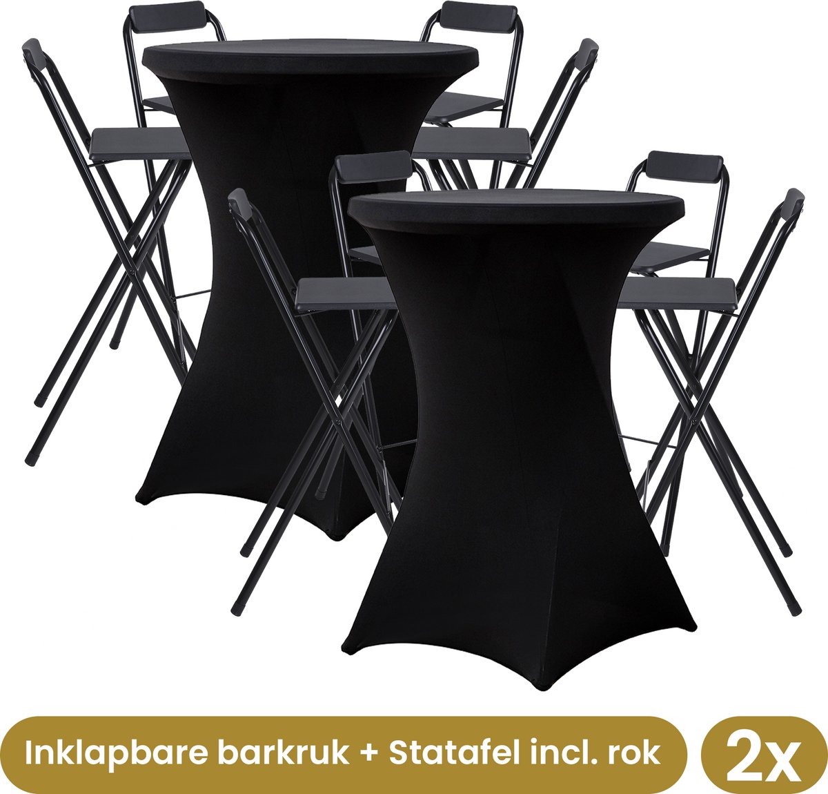 8x Alora Inklapbare barkruk + 2x Alora Statafel Zwart incl. zwarte rok - Opklapbaar - Met voetsteun - Cocktailtafel - Met statafelrok zwart - Alora - Zwart - Beurs