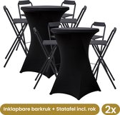 8x Alora Tabouret de bar pliable + 2x Alora Table haute Zwart incl. jupe noire - Pliable - Met voetsteun - Table de cocktail - Met jupe de table haute noire - Alora - Zwart - Salon