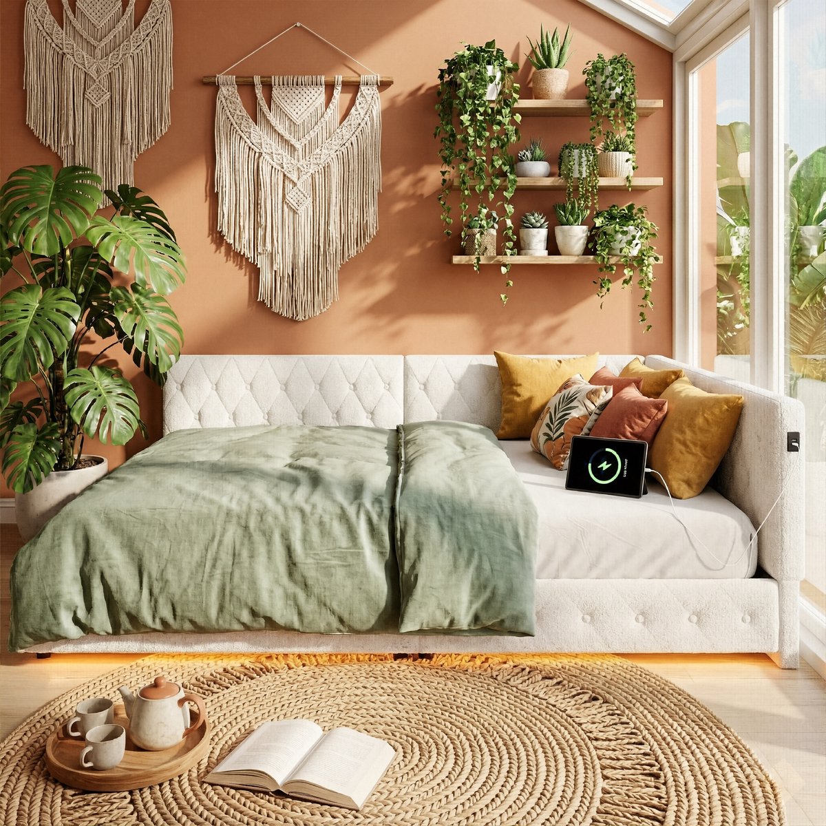 ADFBL Bedbank 140x200 cm Beige - Teddy Hoekbed met LED & USB-C | Gestoffeerd Bed met Rugleuning