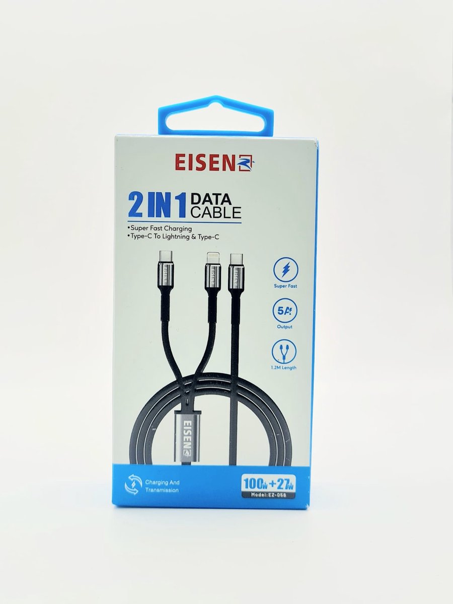 EISENZ EZ-056 2-in-1 Snellaadkabel 100W + 27W – USB-C naar USB-C & USB-C naar 8-Pin – 1.2M