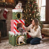 COSTWAY Krabpaal Kerstmis 120 cm - met 3 kattenholtes - geschenkdozen - kattenboom - kerstboom kattenkrabpaal - rood + wit + groen