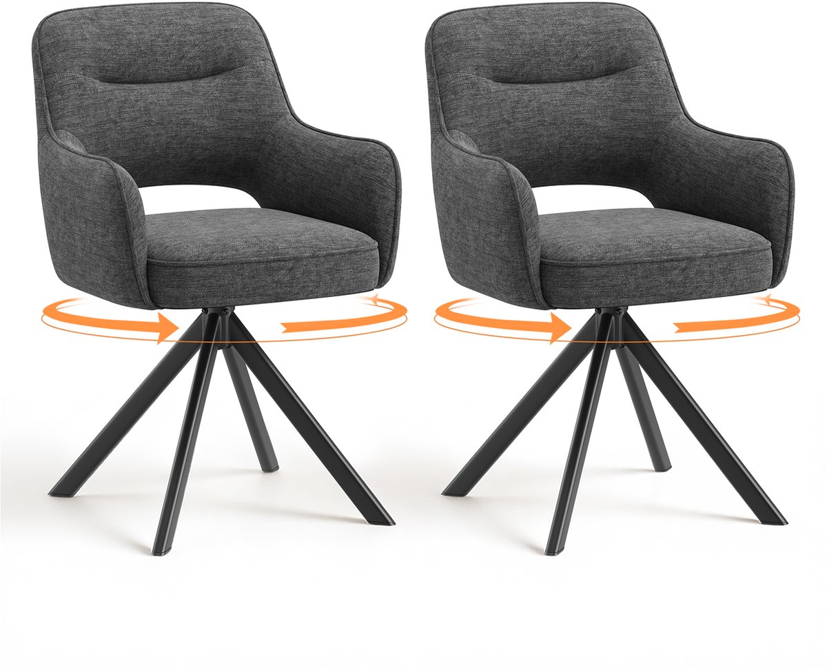 COLAMY 360° draaibare eetkamerstoelen - set van 2 - stoffen stoelen voor de eetkamer met armleuningen - holle rugleuning en dik zitkussen - keukenstoel met antislipzolen - fauteuils voor de woonkamer - grijs